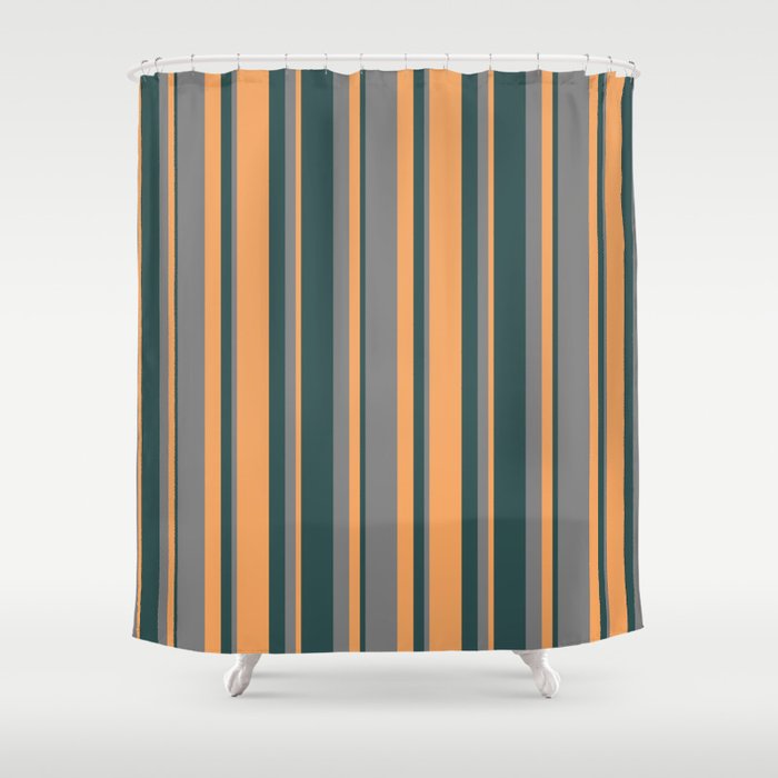 Grey, Dark Slate Gray & Brown Colored Lined/Striped Pattern Shower Curtain