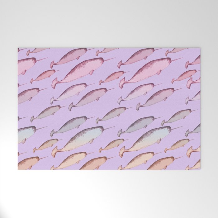 Gradient Pastel Aesthetic Narwhal Unicorn Whales Pink Lilac Blue y2k 2000s Pattern Welcome Mat