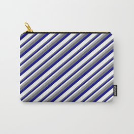 [ Thumbnail: Dark Gray, Dim Gray, Blue & White Colored Striped Pattern Carry-All Pouch ]