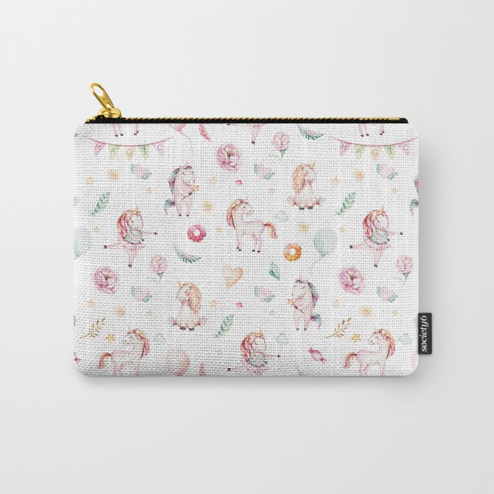 Hand painted blush pink green watercolor magic unicorn floral typography Carry-All Pouch