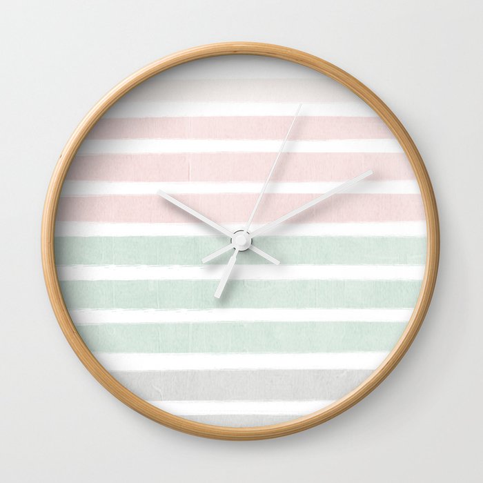 Gender neutral stripes mint pastel pink grey striped pattern nursery art Wall Clock