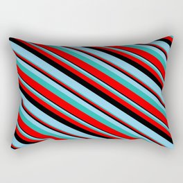 [ Thumbnail: Black, Sky Blue, Light Sea Green & Red Colored Lines/Stripes Pattern Rectangular Pillow ]
