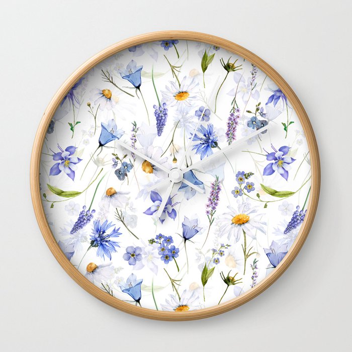 Watercolor Midsummer Blue And White Wildflowers Meadow Wall Clock