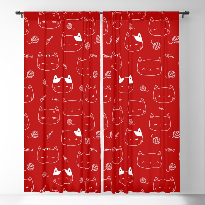 Red and White Doodle Kitten Faces Pattern Blackout Curtain