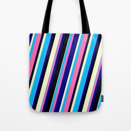 [ Thumbnail: Vibrant Deep Sky Blue, Hot Pink, Dark Blue, Black, and Light Yellow Colored Lines/Stripes Pattern Tote Bag ]