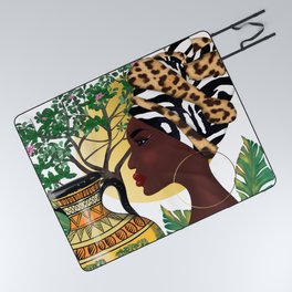 African woman,vase ,fashion art ,white background ,round earrings. Picnic Blanket