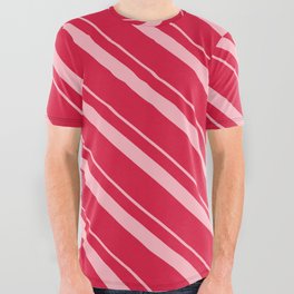 [ Thumbnail: Light Pink & Crimson Colored Striped Pattern All Over Graphic Tee ]