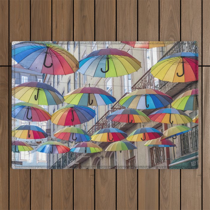 Umbrellas in Lisbon, Portugal art print- bright cheerful summer - street and travel photography Outdoor Rug