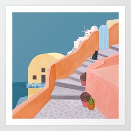 Santorini Pebble Stairs and Houses Art Print