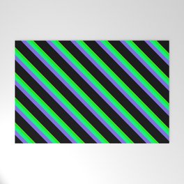 [ Thumbnail: Eye-catching Tan, Lime, Green, Medium Slate Blue & Black Colored Striped/Lined Pattern Welcome Mat ]