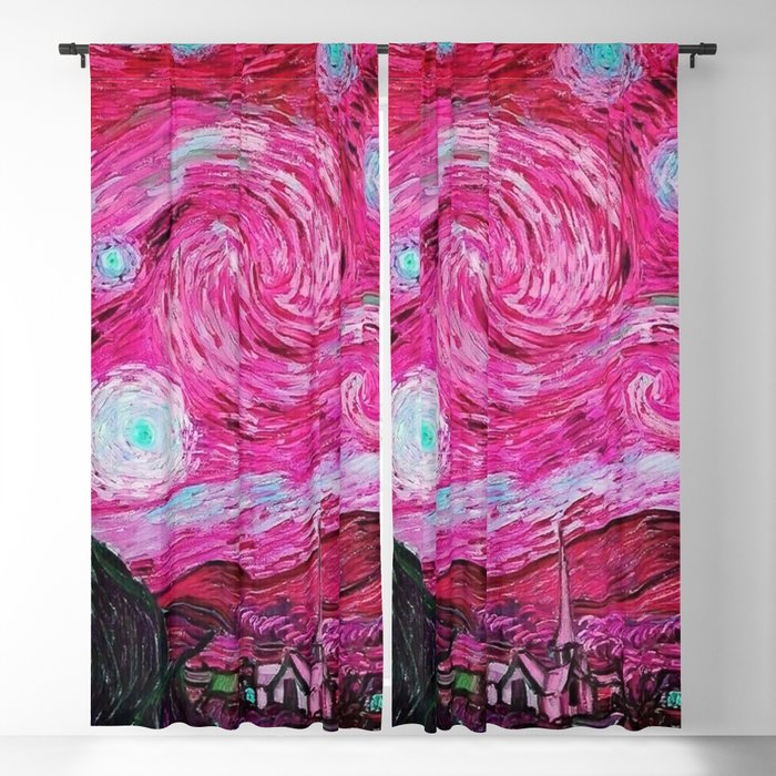 The Starry Night - La Nuit étoilée oil-on-canvas post-impressionist landscape masterpiece painting in alternate crimson red by Vincent van Gogh Blackout Curtain