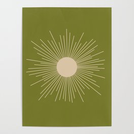 Mid-Century Modern Sunburst II - Minimalist Sun in Mid Mod Beige and Olive Green Poster