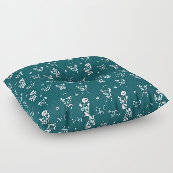 Teal Blue and White Hand Drawn Dog Puppy Pattern Floor Pillow