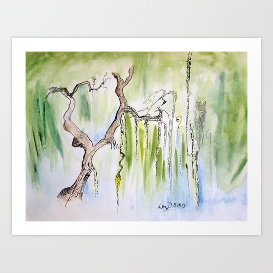 Weeping Willow Light Watercolor And Ink Painting Green Blue Art Print By Luzdonahue Society6