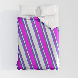 [ Thumbnail: Royal Blue, Mint Cream, Teal, and Fuchsia Colored Lined Pattern Duvet Cover ]