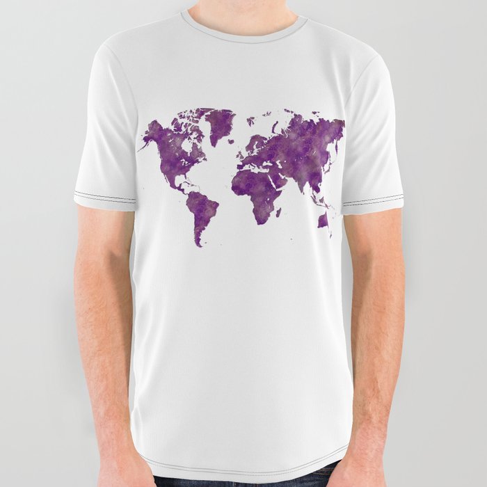 world map in watercolor-lilac color All Over Graphic Tee