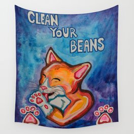 Clean Your Beans Kitty Cat  Wall Tapestry
