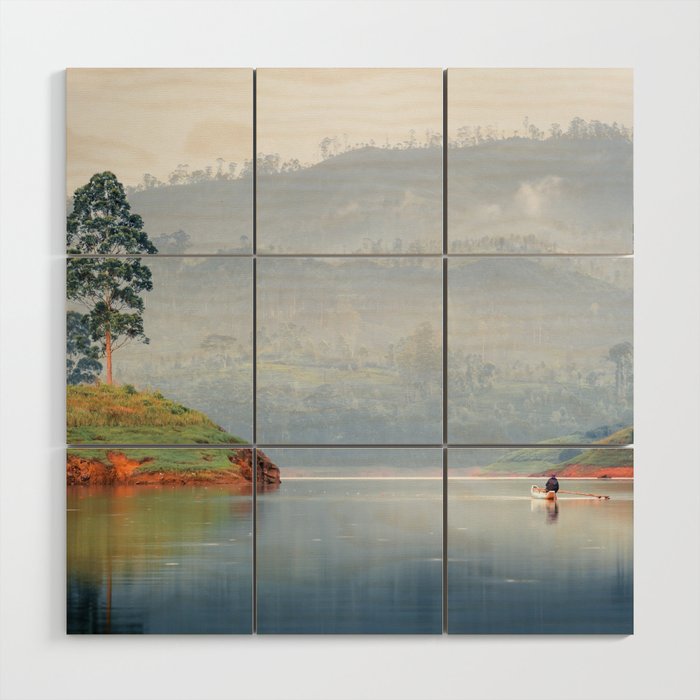 Fishermen Small Boat Calm Mountain Lake Reflection Sri Lanka Wood Wall Art