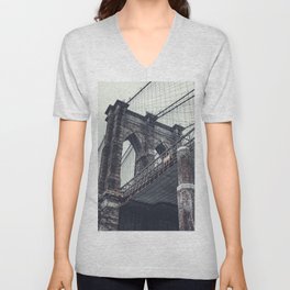 Brooklyn Bridge during winter snowstorm blizzard in New York City V Neck T Shirt