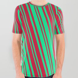 [ Thumbnail: Crimson and Green Colored Lines/Stripes Pattern All Over Graphic Tee ]