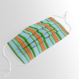 [ Thumbnail: Chocolate, Aquamarine, Sky Blue & Green Colored Stripes Pattern Face Mask ]