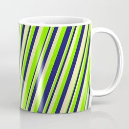 [ Thumbnail: Pale Goldenrod, Chartreuse & Midnight Blue Colored Lines Pattern Coffee Mug ]
