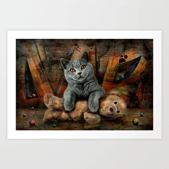 Cat Diesel with teddybear ! Art Print
