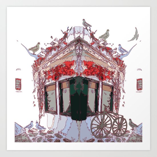 Old House Bicycle and Dove Art Print