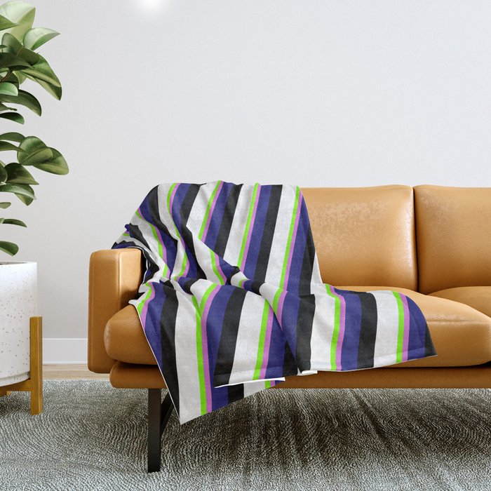 Eyecatching Chartreuse, Orchid, Midnight Blue, Black, and White Colored Lines/Stripes Pattern Throw Blanket