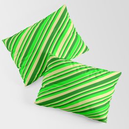 [ Thumbnail: Tan, Green & Lime Colored Stripes/Lines Pattern Pillow Sham ]