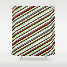 [ Thumbnail: Maroon, Green, Lavender, and Dim Gray Colored Lined Pattern Shower Curtain ]