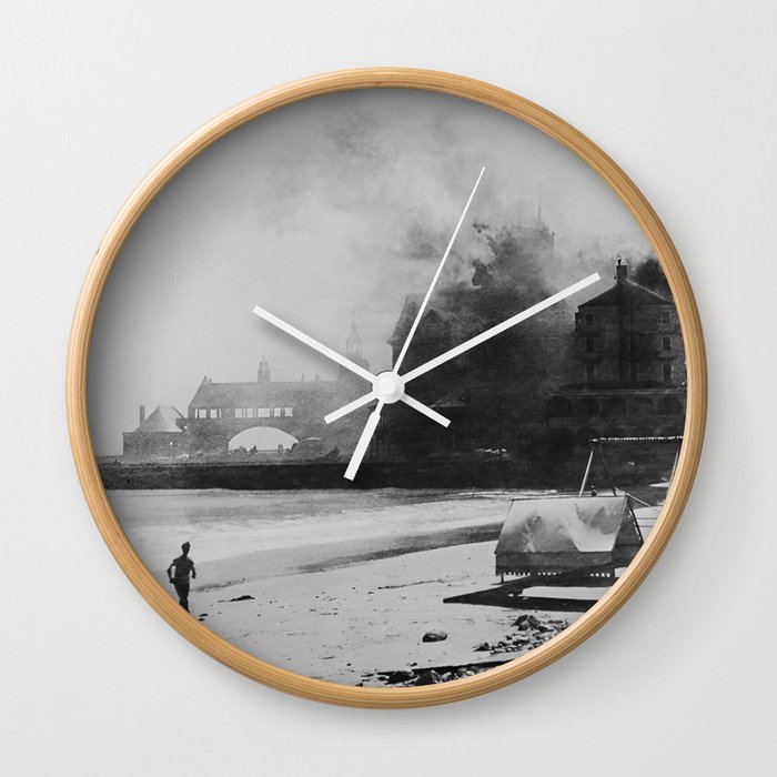 1900 Fire at Narragansett Towers, Casino, & Rockingham Hotel black and white photograph photography Wall Clock