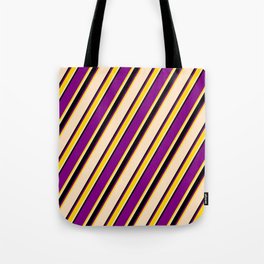[ Thumbnail: Purple, Yellow, Bisque, and Black Colored Pattern of Stripes Tote Bag ]