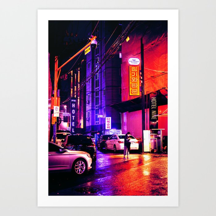 Rainy Neon Seoul Art Print