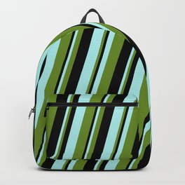 [ Thumbnail: Turquoise, Green & Black Colored Lines/Stripes Pattern Backpack ]