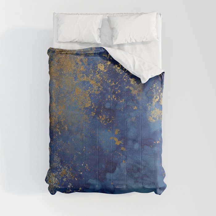 Night Blue And Gold Marbled Texture Comforter