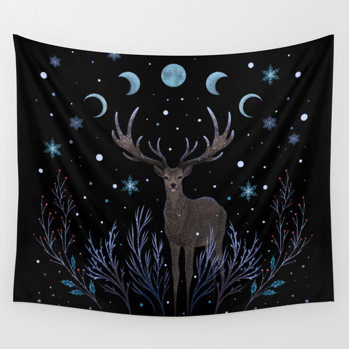 Deer in Winter Night Forest Wall Tapestry
