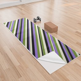 [ Thumbnail: Green, Purple, Black & Beige Colored Lined Pattern Yoga Towel ]