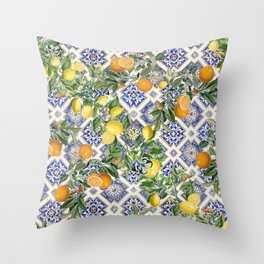 Sicilian Citrus: Mediterranean tiles & vintage lemons & orange fruit pattern Throw Pillow