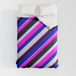 [ Thumbnail: Fuchsia, Black, Blue, and Lavender Colored Pattern of Stripes Comforter ]