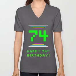 [ Thumbnail: 74th Birthday - Nerdy Geeky Pixelated 8-Bit Computing Graphics Inspired Look V Neck T Shirt V-Neck T-Shirt ]