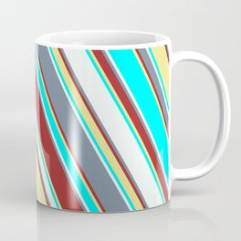 [ Thumbnail: Light Slate Gray, Brown, Tan, Aqua, and Mint Cream Colored Lined Pattern Coffee Mug ]