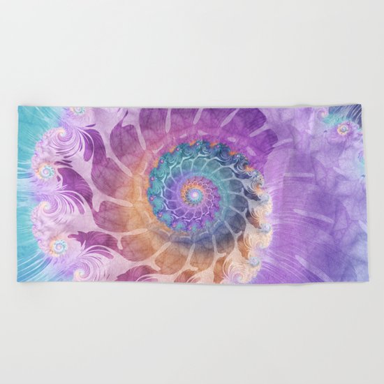 Painted Fractal Spiral in Turquoise, Purple, and Orange Beach Towel