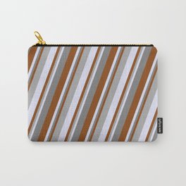 [ Thumbnail: Brown, Dark Gray, Lavender & Grey Colored Stripes Pattern Carry-All Pouch ]