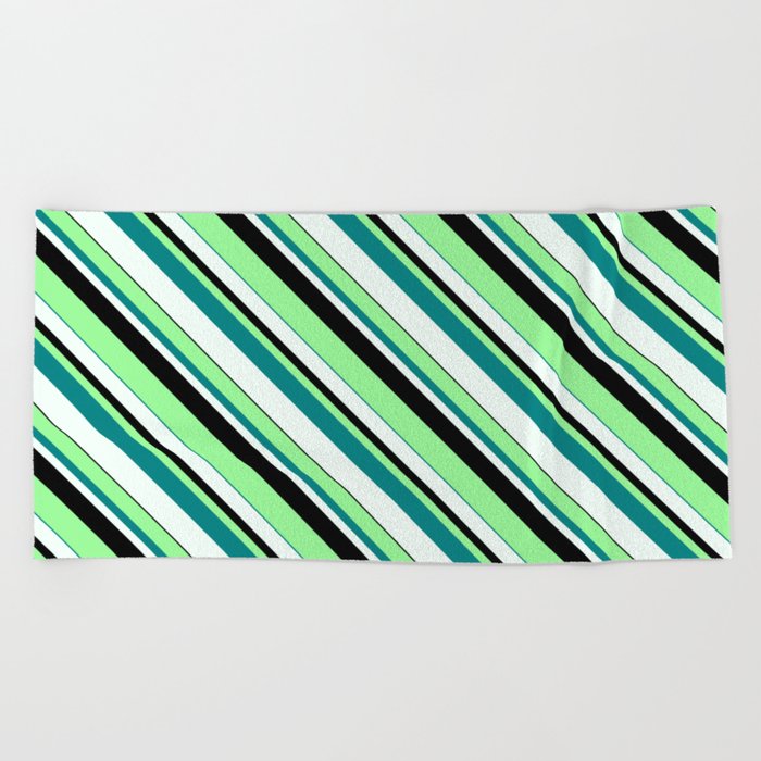 Green, Teal, Mint Cream & Black Colored Lined Pattern Beach Towel