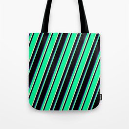 [ Thumbnail: Green, Tan, Black, and Indigo Colored Lines/Stripes Pattern Tote Bag ]