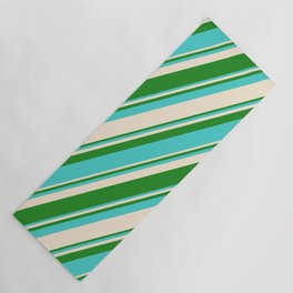 [ Thumbnail: Forest Green, Turquoise & Beige Colored Striped Pattern Yoga Mat ]