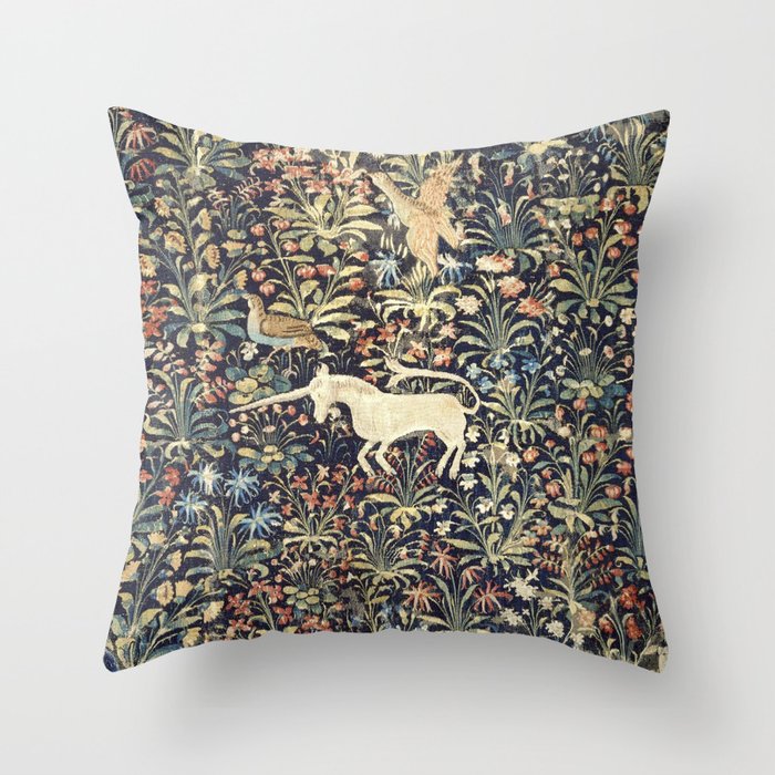 Millefleurs Medieval Unicorn Tapestry Throw Pillow