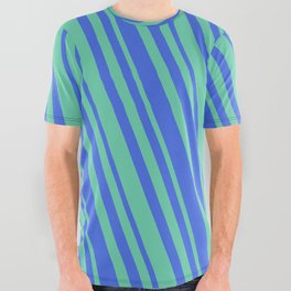[ Thumbnail: Royal Blue and Aquamarine Colored Stripes/Lines Pattern All Over Graphic Tee ]