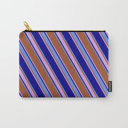 [ Thumbnail: Sienna, Plum, Dark Blue & Cornflower Blue Colored Lines/Stripes Pattern Carry-All Pouch ]